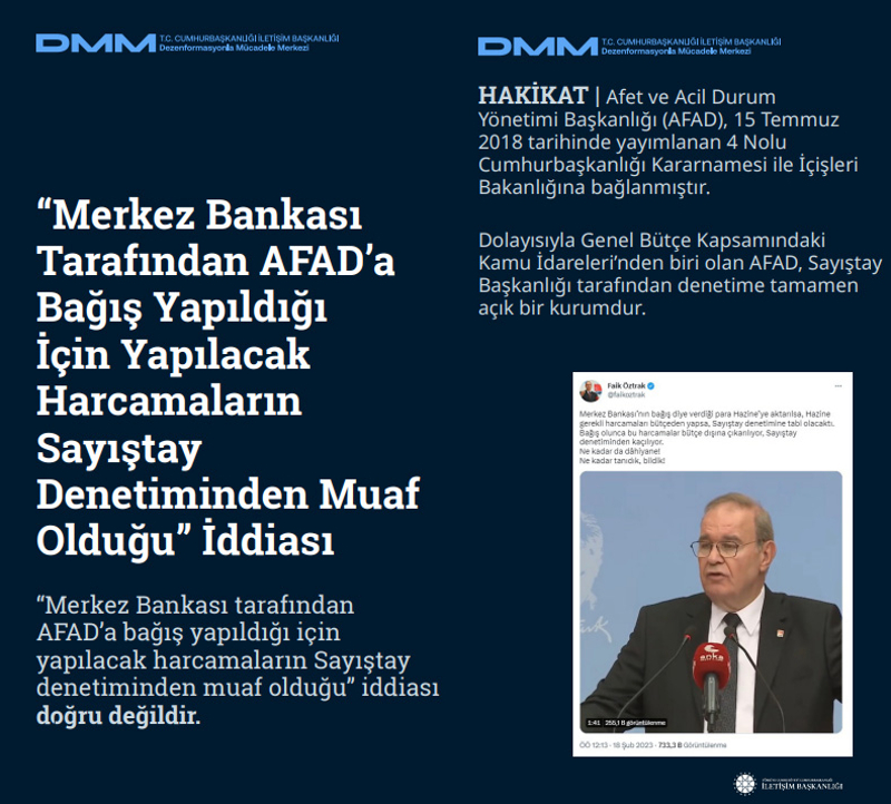 <p><b>'Merkez Bankası Tarafından AFAD'a Bağış Yapıldığı İçin Yapılacak Harcamaların Sayıştay Denetiminden Muaf Olduğu' İddiası </b></p><p><br></p><p> 'Merkez Bankası tarafından AFAD'a bağış yapıldığı için yapılacak harcamaların Sayıştay denetiminden muaf olduğu' iddiası doğru değildir.</p><p><br></p><p><b>HAKİKAT</b> | Afet ve Acil Durum Yönetimi Başkanlığı (AFAD), 15 Temmuz 2018 tarihinde yayımlanan 4 Nolu Cumhurbaşkanlığı Kararnamesi ile İçişleri Bakanlığına bağlanmıştır. Dolayısıyla Genel Bütçe Kapsamındaki Kamu İdareleri'nden biri olan AFAD, Sayıştay Başkanlığı tarafından denetime tamamen açık bir kurumdur.<br></p>