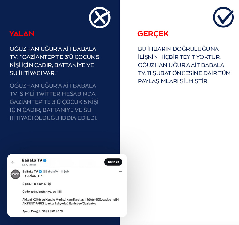 <p>Oğuzhan Uğur'a ait Babala Tv isimli twitter hesabında Gaziantep'te 3'ü çocuk 5 kişi için çadır, battaniye ve su ihtiyacı olduğu iddia edildi.</p>