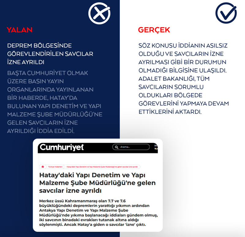 <p>Başta Cumhuriyet olmak üzere basın yayın organlarında yayınlanan bir haberde, Hatay'da bulunan Yapı Denetim ve Yapı Malzeme Şube Müdürlüğü'ne gelen savcıların izne ayrıldığı iddia edildi.</p>
