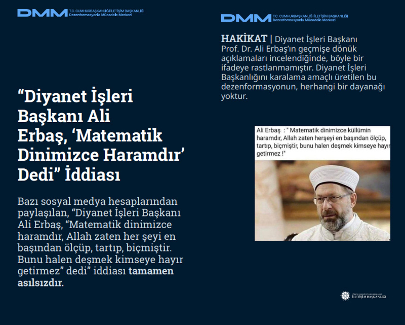 <p><b>'Diyanet İşleri Başkanı Ali Erbaş, 'Matematik Dinimizce Haramdır' Dedi' İddiası </b></p><p><br></p><p> Bazı sosyal medya hesaplarından paylaşılan, 'Diyanet İşleri Başkanı Ali Erbaş, 'Matematik dinimizce haramdır, Allah zaten her şeyi en başından ölçüp, tartıp, biçmiştir. Bunu halen deşmek kimseye hayır getirmez' dedi' iddiası tamamen asılsızdır.</p><p><br></p><p><b>HAKİKAT</b> | Diyanet İşleri Başkanı Prof. Dr. Ali Erbaş'ın geçmişe dönük açıklamaları incelendiğinde, böyle bir ifadeye rastlanmamıştır. Diyanet İşleri Başkanlığını karalama amaçlı üretilen bu dezenformasyonun, herhangi bir dayanağı yoktur.<br></p>