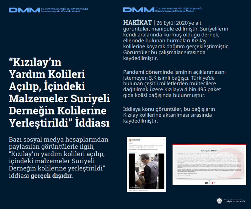 <p><b>'Kızılay'ın Yardım Kolileri Açılıp, İçindeki Malzemeler Suriyeli Derneğin Kolilerine Yerleştirildi' İddiası</b> <br><br>Bazı sosyal medya hesaplarından paylaşılan görüntülerle ilgili, 'Kızılay'ın yardım kolileri açılıp, içindeki malzemeler Suriyeli Derneğin kolilerine yerleştirildi' iddiası gerçek dışıdır.</p>