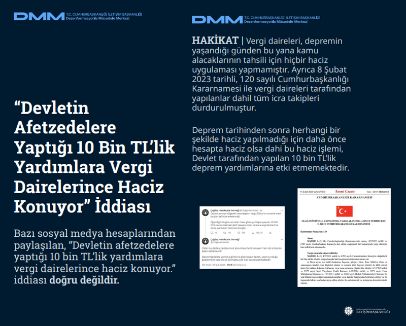 <p><b>'Devletin Afetzedelere Yaptığı 10 Bin TL'lik Yardımlara Vergi Dairelerince Haciz Konuyor' İddiası</b> <br><br>Bazı sosyal medya hesaplarından paylaşılan, 'Devletin afetzedelere yaptığı 10 bin TL'lik yardımlara vergi dairelerince haciz konuyor.' iddiası doğru değildir.<br><br><b>HAKİKAT</b> | Vergi daireleri, depremin yaşandığı günden bu yana kamu alacaklarının tahsili için hiçbir haciz uygulaması yapmamıştır. Ayrıca 8 Şubat 2023 tarihli, 120 sayılı Cumhurbaşkanlığı Kararnamesi ile vergi daireleri tarafından yapılanlar dahil tüm icra takipleri durdurulmuştur. Deprem tarihinden sonra herhangi bir şekilde haciz yapılmadığı için daha önce hesapta haciz olsa dahi bu haciz işlemi, Devlet tarafından yapılan 10 bin TL'lik deprem yardımlarına etki etmemektedir.<br></p>