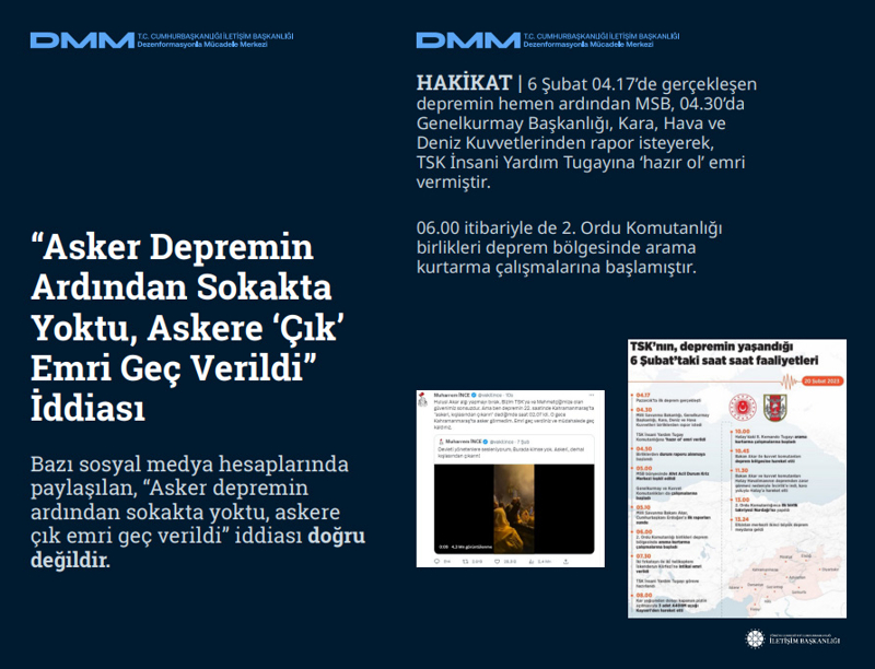 <p><b>'Asker Depremin Ardından Sokakta Yoktu, Askere 'Çık' Emri Geç Verildi' İddiası <br></b><br>Bazı sosyal medya hesaplarında paylaşılan, 'Asker depremin ardından sokakta yoktu, askere çık emri geç verildi' iddiası doğru değildir.<br><b><br>HAKİKAT</b> | 6 Şubat 04.17'de gerçekleşen depremin hemen ardından MSB, 04.30'da Genelkurmay Başkanlığı, Kara, Hava ve Deniz Kuvvetlerinden rapor isteyerek, TSK İnsani Yardım Tugayına 'hazır ol' emri vermiştir. 06.00 itibariyle de 2. Ordu Komutanlığı birlikleri deprem bölgesinde arama kurtarma çalışmalarına başlamıştır.<br></p>