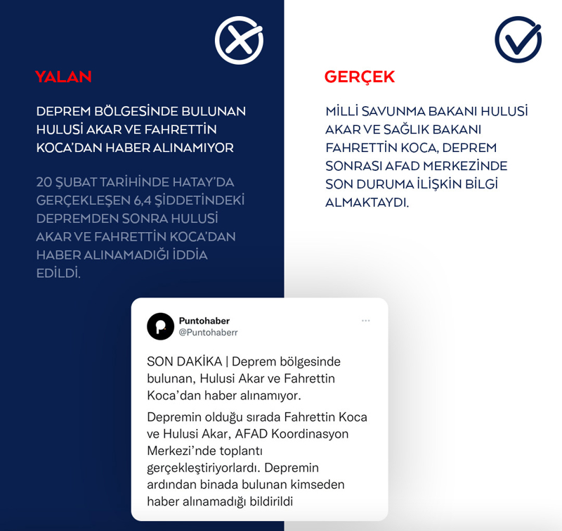 <p>20 Şubat tarihinde Hatay'da gerçekleşen 6,4 şiddetindeki depremden sonra Hulusi Akar ve Fahrettin Koca'dan haber alınamadığı iddia edildi.</p>