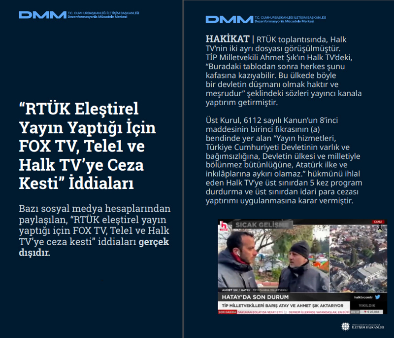 <p><b>'RTÜK Eleştirel Yayın Yaptığı İçin FOX TV, Tele1 ve Halk TV'ye Ceza Kesti' İddiaları</b> <br><br>Bazı sosyal medya hesaplarından paylaşılan, 'RTÜK eleştirel yayın yaptığı için FOX TV, Tele1 ve Halk TV'ye ceza kesti' iddiaları gerçek dışıdır.</p>