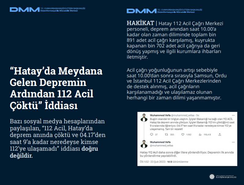 <p><b>'Hatay'da Meydana Gelen Depremin Ardından 112 Acil Çöktü' İddiası</b> </p><p><br></p><p>Bazı sosyal medya hesaplarından paylaşılan, '112 Acil, Hatay'da deprem anında çöktü ve 04.17'den saat 9'a kadar neredeyse kimse 112'ye ulaşamadı' iddiası doğru değildir.<br><br><b>HAKİKAT </b>| Hatay 112 Acil Çağrı Merkezi personeli, deprem anından saat 10.00'a kadar olan zaman diliminde toplam bin 891 adet acil çağrı karşılamış, kuyrukta kapanan bin 702 adet acil çağrıya da geri dönüş yapmış ve ilgili kurumlara ihbarları iletmiştir. Acil çağrı yoğunluğunun artışı sebebiyle saat 10.00'dan sonra sırasıyla Samsun, Ordu ve İstanbul 112 Acil Çağrı Merkezlerinden de destek alınmış, acil çağrıların karşılanamadığı ve ulaşılamaz olunan herhangi bir zaman dilimi yaşanmamıştır.<br></p>