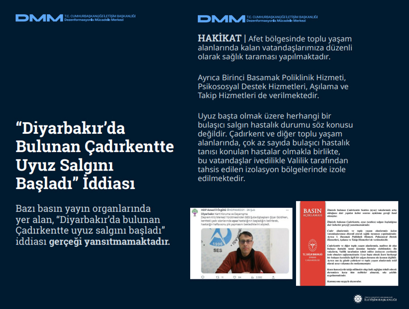<p><b>'Diyarbakır'da Bulunan Çadırkentte Uyuz Salgını Başladı' İddiası <br></b><br>Bazı basın yayın organlarında yer alan, 'Diyarbakır'da bulunan Çadırkentte uyuz salgını başladı' iddiası gerçeği yansıtmamaktadır. </p><p><br></p><p><b>HAKİKAT</b> | Afet bölgesinde toplu yaşam alanlarında kalan vatandaşlarımıza düzenli olarak sağlık taraması yapılmaktadır. Ayrıca Birinci Basamak Poliklinik Hizmeti, Psikososyal Destek Hizmetleri, Aşılama ve Takip Hizmetleri de verilmektedir. Uyuz başta olmak üzere herhangi bir bulaşıcı salgın hastalık durumu söz konusu değildir. Çadırkent ve diğer toplu yaşam alanlarında, çok az sayıda bulaşıcı hastalık tanısı konulan hastalar olmakla birlikte, bu vatandaşlar ivedilikle Valilik tarafından tahsis edilen izolasyon bölgelerinde izole edilmektedir.</p>