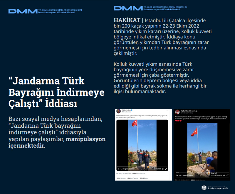 <p><b>'Jandarma Türk Bayrağını İndirmeye Çalıştı' İddiası</b> <br><br>Bazı sosyal medya hesaplarından, 'Jandarma Türk bayrağını indirmeye çalıştı' iddiasıyla yapılan paylaşımlar, manipülasyon içermektedir.<br><br><b>HAKİKAT</b> | İstanbul ili Çatalca ilçesinde bin 200 kaçak yapının 22-23 Ekim 2022 tarihinde yıkım kararı üzerine, kolluk kuvveti bölgeye intikal etmiştir. İddiaya konu görüntüler, yıkımdan Türk bayrağının zarar görmemesi için tedbir alınması esnasında çekilmiştir. Kolluk kuvveti yıkım esnasında Türk bayrağının yere düşmemesi ve zarar görmemesi için çaba göstermiştir. Görüntülerin deprem bölgesi veya iddia edildiği gibi bayrak sökme ile herhangi bir ilgisi bulunmamaktadır.</p>