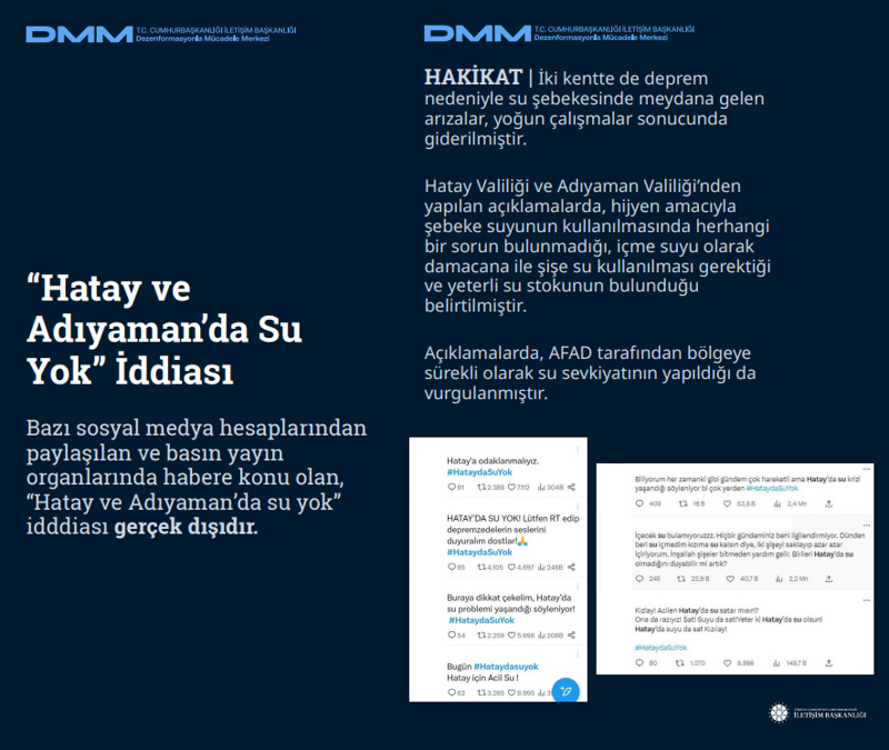 <p><b>'Hatay ve Adıyaman'da Su Yok' İddiası <br></b><br>Bazı sosyal medya hesaplarından paylaşılan ve basın yayın organlarında habere konu olan, 'Hatay ve Adıyaman'da su yok' iddiası gerçek dışıdır.<br><br><b>HAKİKAT</b> | İki kentte de deprem nedeniyle su şebekesinde meydana gelen arızalar, yoğun çalışmalar sonucunda giderilmiştir. Hatay Valiliği ve Adıyaman Valiliği'nden yapılan açıklamalarda, hijyen amacıyla şebeke suyunun kullanılmasında herhangi bir sorun bulunmadığı, içme suyu olarak damacana ile şişe su kullanılması gerektiği ve yeterli su stokunun bulunduğu belirtilmiştir. Açıklamalarda, AFAD tarafından bölgeye sürekli olarak su sevkiyatının yapıldığı da vurgulanmıştır.<br></p>