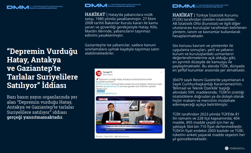 <p>'Depremin Vurduğu Hatay, Antakya ve Gaziantep'te Tarlalar Suriyelilere Satılıyor' İddiası Bazı basın yayın organlarında yer alan 'Depremin vurduğu Hatay, Antakya ve Gaziantep'te tarlalar Suriyelilere satılıyor' iddiası gerçeği yansıtmamaktadır.<br><br><b>HAKİKAT</b> | Hatay'da yabancılara mülk satışı, 1980 yılında yasaklanmıştır. 27 Ekim 2008 tarihli Bakanlar Kurulu kararı ile kamu yararı ve güvenliği gerekçesiyle Hatay, Kilis, Mardin illerinde, yabancıların taşınmaz edinimi yasaklanmıştır. <br><br>Gaziantep'te ise yabancılar, sadece kanuni sınırlamalara uymak kaydıyla taşınmaz satın alabilmektedirler.<br></p>