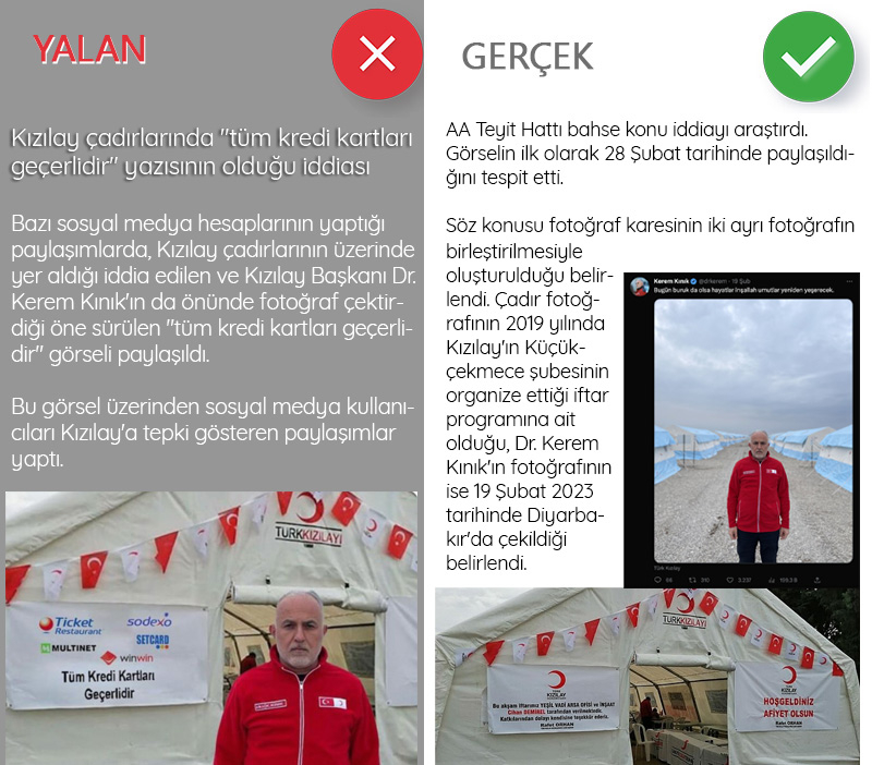<p><b>Kızılay çadırlarında 'tüm kredi kartları geçerlidir' yazısının olduğu iddiası<br></b><p><b><br></b></p></p><p>Bazı sosyal medya hesaplarının yaptığı paylaşımlarda, Kızılay çadırlarının üzerinde yer aldığı iddia edilen ve Kızılay Başkanı Dr. Kerem Kınık'ın da önünde fotoğraf çektirdiği öne sürülen 'tüm kredi kartları geçerlidir' görseli paylaşıldı.<br><br></p><p>Bu görsel üzerinden sosyal medya kullanıcıları Kızılay'a tepki gösteren paylaşımlar yaptı.<br><br></p><p>AA Teyit Hattı bahse konu iddiayı araştırdı. Görselin ilk olarak 28 Şubat tarihinde paylaşıldığını tespit etti. </p><p>Söz konusu fotoğraf karesinin iki ayrı fotoğrafın birleştirilmesiyle oluşturulduğu belirlendi. Çadır fotoğrafının 2019 yılında Kızılay'ın Küçükçekmece şubesinin organize ettiği iftar programına ait olduğu, Dr. Kerem Kınık'ın fotoğrafının ise 19 Şubat 2023 tarihinde Diyarbakır'da çekildiği belirlendi.</p>