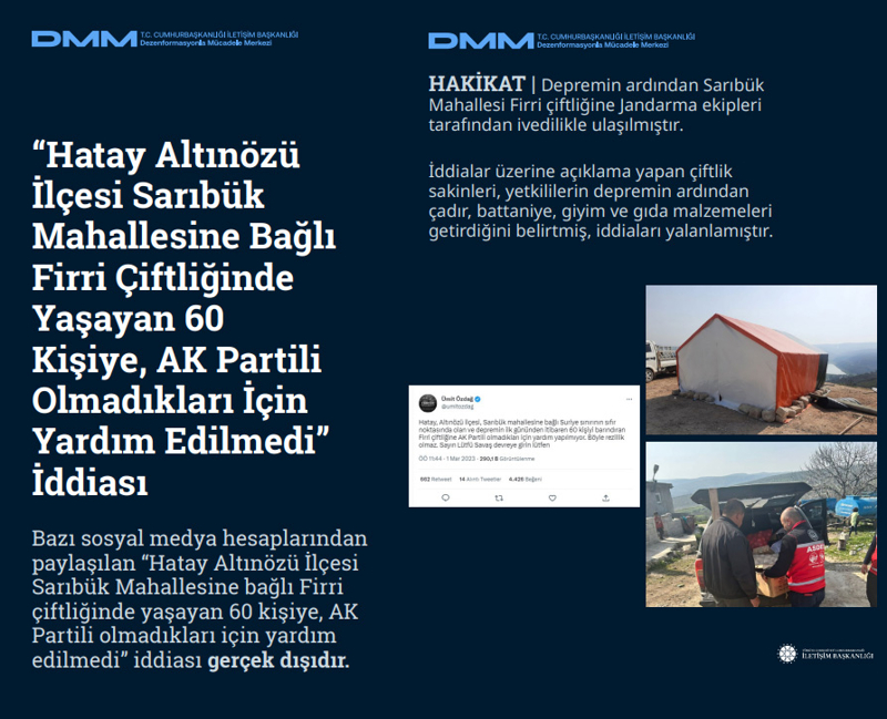 <p><b>'Hatay Altınözü İlçesi Sarıbük Mahallesine Bağlı Firri Çiftliğinde Yaşayan 60 Kişiye, AK Partili Olmadıkları İçin Yardım Edilmedi' İddiası</b> <br><br>Bazı sosyal medya hesaplarından paylaşılan 'Hatay Altınözü İlçesi Sarıbük Mahallesine bağlı Firri çiftliğinde yaşayan 60 kişiye, AK Partili olmadıkları için yardım edilmedi' iddiası gerçek dışıdır.</p><p><br></p><p><b>HAKİKAT</b> | Depremin ardından Sarıbük Mahallesi Firri çiftliğine Jandarma ekipleri tarafından ivedilikle ulaşılmıştır. İddialar üzerine açıklama yapan çiftlik sakinleri, yetkililerin depremin ardından çadır, battaniye, giyim ve gıda malzemeleri getirdiğini belirtmiş, iddiaları yalanlamıştır.<br></p>