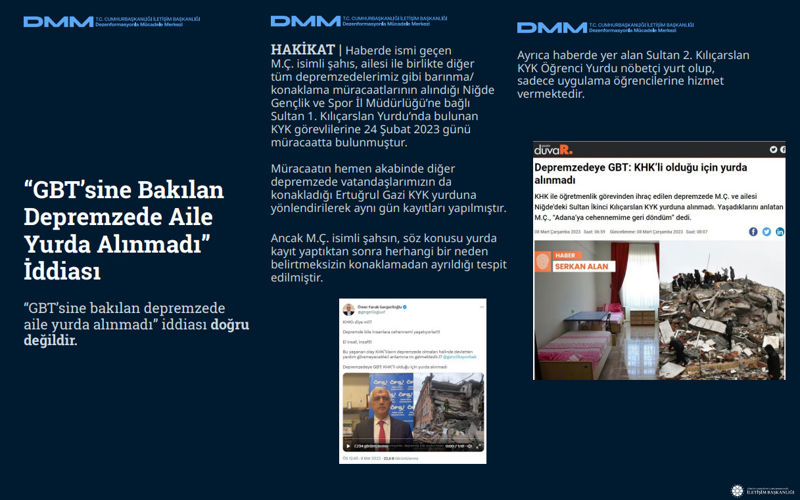 <p>'GBT'sine Bakılan Depremzede Aile Yurda Alınmadı' İddiası 'GBT'sine bakılan depremzede aile yurda alınmadı' iddiası doğru değildir.<br><b><br>HAKİKAT</b> | Haberde ismi geçen M.Ç. isimli şahıs, ailesi ile birlikte diğer tüm depremzedelerimiz gibi barınma/ konaklama müracaatlarının alındığı Niğde Gençlik ve Spor İl Müdürlüğü'ne bağlı Sultan 1. Kılıçarslan Yurdu'nda bulunan KYK görevlilerine 24 Şubat 2023 günü müracaatta bulunmuştur. Müracaatın hemen akabinde diğer depremzede vatandaşlarımızın da konakladığı Ertuğrul Gazi KYK yurduna yönlendirilerek aynı gün kayıtları yapılmıştır. Ancak M.Ç. isimli şahsın, söz konusu yurda kayıt yaptıktan sonra herhangi bir neden belirtmeksizin konaklamadan ayrıldığı tespit edilmiştir.<br><br>Ayrıca haberde yer alan Sultan 2. Kılıçarslan KYK Öğrenci Yurdu nöbetçi yurt olup, sadece uygulama öğrencilerine hizmet vermektedir.<br></p>
