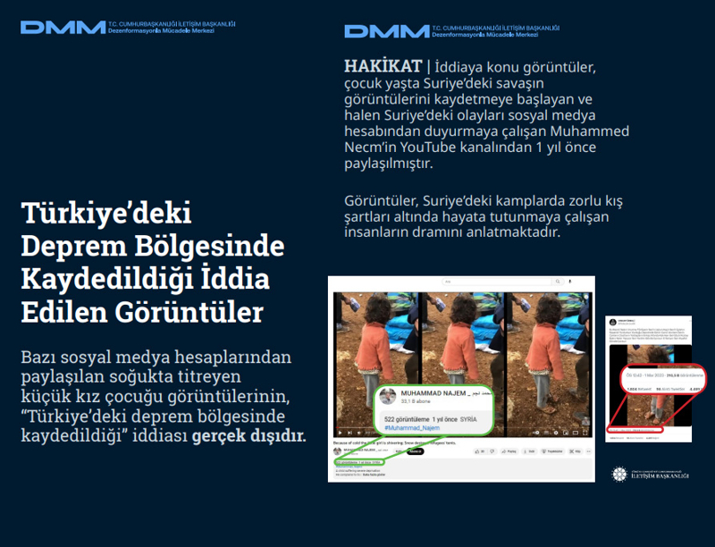 <p><b>Türkiye'deki Deprem Bölgesinde Kaydedildiği İddia Edilen Görüntüler</b> <br><br>Bazı sosyal medya hesaplarından paylaşılan soğukta titreyen küçük kız çocuğu görüntülerinin, 'Türkiye'deki deprem bölgesinde kaydedildiği' iddiası gerçek dışıdır.</p><p><br></p><p><b>HAKİKAT</b> | İddiaya konu görüntüler, çocuk yaşta Suriye'deki savaşın görüntülerini kaydetmeye başlayan ve halen Suriye'deki olayları sosyal medya hesabından duyurmaya çalışan Muhammed Necm'in YouTube kanalından 1 yıl önce paylaşılmıştır. Görüntüler, Suriye'deki kamplarda zorlu kış şartları altında hayata tutunmaya çalışan insanların dramını anlatmaktadır.<br></p>