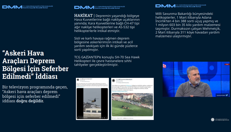 <p><b>'Askeri Hava Araçları Deprem Bölgesi İçin Seferber Edilmedi' İddiası</b> <br><br>Bir televizyon programında geçen, 'Askeri hava araçları deprem bölgesi için seferber edilmedi' iddiası doğru değildir.</p><p><br></p><p><b>HAKİKAT</b> | Depremin yaşandığı bölgeye Hava Kuvvetlerine bağlı nakliye uçaklarının yanında; Kara Kuvvetlerine bağlı CH-47 tipi ağır nakliye helikopterleri ve AS-532 tipi helikopterlerle intikal etmiştir. Sisli ve karlı havaya rağmen deprem bölgesine askerlerimizin intikali ve acil yardım sevkiyatı için ilk iki günde yüzlerce sorti yapılmıştır. TCG GAZİANTEP'e konuşlu SH-70 Sea Hawk Helikopteri ile çevre hastanelere sıhhi tahliyeler gerçekleştirilmiştir<br></p>