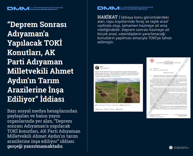 <p><b>'Deprem Sonrası Adıyaman'a Yapılacak TOKİ Konutları, AK Parti Adıyaman Milletvekili Ahmet Aydın'ın Tarım Arazilerine İnşa Ediliyor' İddiası <br></b><br>Bazı sosyal medya hesaplarından paylaşılan ve basın yayın organlarında yer alan, 'Deprem sonrası Adıyaman'a yapılacak TOKİ konutları, AK Parti Adıyaman Milletvekili Ahmet Aydın'ın tarım arazilerine inşa ediliyor' iddiası gerçeği yansıtmamaktadır.<br><br><b>HAKİKAT </b>| İddiaya konu görüntülerdeki alan, tapu kayıtlarında 'kıraç ve taşlık arazi' vasfında olup, tamamen hazineye ait arsa niteliğindedir. Deprem sonrası hazineye ait birçok arazi, vatandaşların yararlanacağı konutların yapılması amacıyla TOKİ'ye tahsis edilmiştir.<br></p>