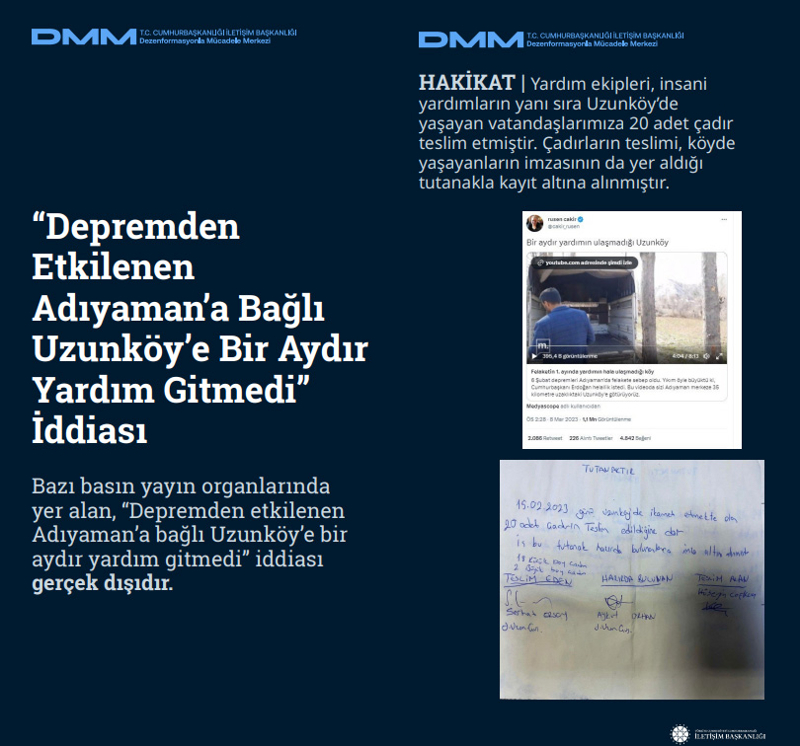 <p><b>'Depremden Etkilenen Adıyaman'a Bağlı Uzunköy'e Bir Aydır Yardım Gitmedi' İddiası <br></b><br>Bazı basın yayın organlarında yer alan, 'Depremden etkilenen Adıyaman'a bağlı Uzunköy'e bir aydır yardım gitmedi' iddiası gerçek dışıdır.<br><b><br>HAKİKAT</b> | Yardım ekipleri, insani yardımların yanı sıra Uzunköy'de yaşayan vatandaşlarımıza 20 adet çadır teslim etmiştir. Çadırların teslimi, köyde yaşayanların imzasının da yer aldığı tutanakla kayıt altına alınmıştır.<br></p>