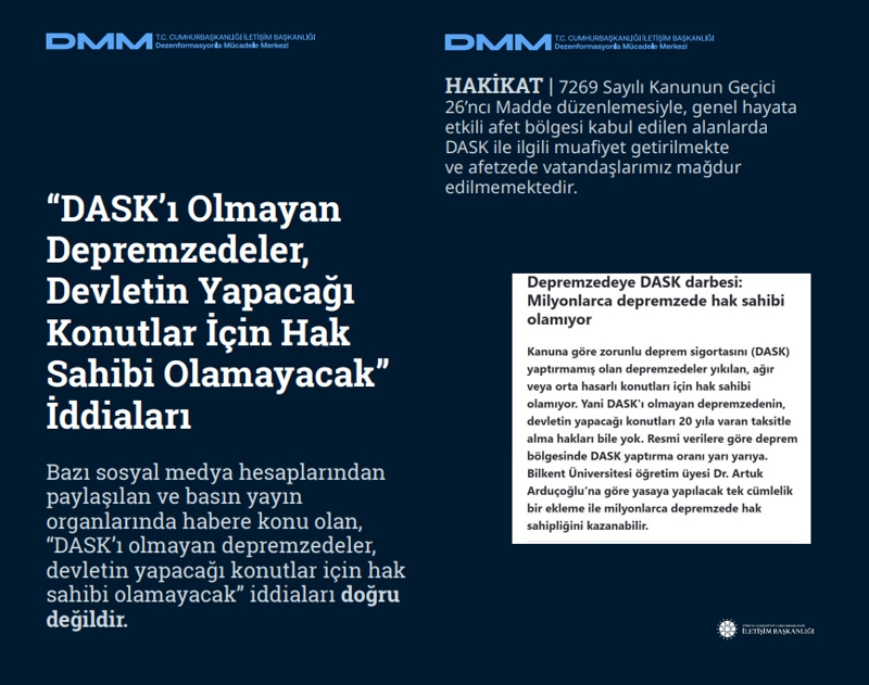 <p><b>'DASK'ı Olmayan Depremzedeler, Devletin Yapacağı Konutlar İçin Hak Sahibi Olamayacak' İddiaları <br></b><br>Bazı sosyal medya hesaplarından paylaşılan ve basın yayın organlarında habere konu olan, 'DASK'ı olmayan depremzedeler, devletin yapacağı konutlar için hak sahibi olamayacak' iddiaları doğru değildir.</p><p><br></p><p><b>HAKİKAT</b> | 7269 Sayılı Kanunun Geçici 26'ncı Madde düzenlemesiyle, genel hayata etkili afet bölgesi kabul edilen alanlarda DASK ile ilgili muafiyet getirilmekte ve afetzede vatandaşlarımız mağdur edilmemektedir.<br></p>