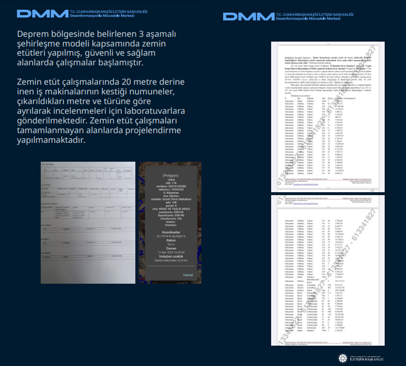<p><span >Deprem bölgesinde belirlenen 3 aşamalı şehirleşme modeli kapsamında zemin etütleri yapılmış, güvenli ve sağlam alanlarda çalışmalar başlamıştır. Zemin etüt çalışmalarında 20 metre derine inen iş makinalarının kestiği numuneler, çıkarıldıkları metre ve türüne göre ayrılarak incelenmeleri için laboratuvarlara gönderilmektedir. Zemin etüt çalışmaları tamamlanmayan alanlarda projelendirme yapılmamaktadır.</span><br></p>