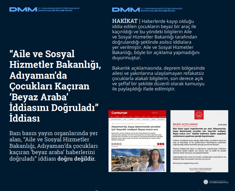 <p><b>'Aile ve Sosyal Hizmetler Bakanlığı, Adıyaman'da Çocukları Kaçıran 'Beyaz Araba' İddiasını Doğruladı' İddiası</b> <br><br>Bazı basın yayın organlarında yer alan, 'Aile ve Sosyal Hizmetler Bakanlığı, Adıyaman'da çocukları kaçıran 'beyaz araba' haberlerini doğruladı' iddiası doğru değildir.<br><b><br>HAKİKAT</b> | Haberlerde kayıp olduğu iddia edilen çocukların beyaz bir araç ile kaçırıldığı ve bu yöndeki bilgilerin Aile ve Sosyal Hizmetler Bakanlığı tarafından doğrulandığı şeklinde asılsız iddialara yer verilmiştir. Aile ve Sosyal Hizmetler Bakanlığı, böyle bir açıklama yapmadığını duyurmuştur. Bakanlık açıklamasında, deprem bölgesinde ailesi ve yakınlarına ulaşılamayan refakatsiz çocuklarla alakalı bilgilerin, son derece açık ve şeffaf bir şekilde düzenli olarak kamuoyu ile paylaşıldığı ifade edilmiştir.<br></p>