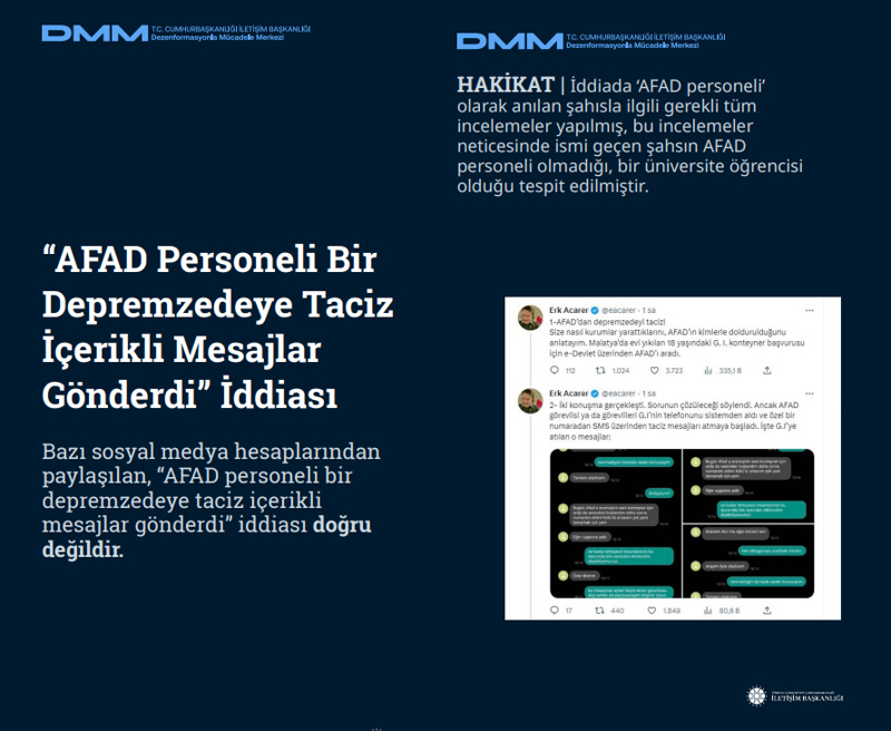 <p><b>'AFAD Personeli Bir Depremzedeye Taciz İçerikli Mesajlar Gönderdi' İddiası</b> <br><br>Bazı sosyal medya hesaplarından paylaşılan, 'AFAD personeli bir depremzedeye taciz içerikli mesajlar gönderdi' iddiası doğru değildir.<br><b><br>HAKİKAT</b> | İddiada 'AFAD personeli' olarak anılan şahısla ilgili gerekli tüm incelemeler yapılmış, bu incelemeler neticesinde ismi geçen şahsın AFAD personeli olmadığı, bir üniversite öğrencisi olduğu tespit edilmiştir.<br></p>