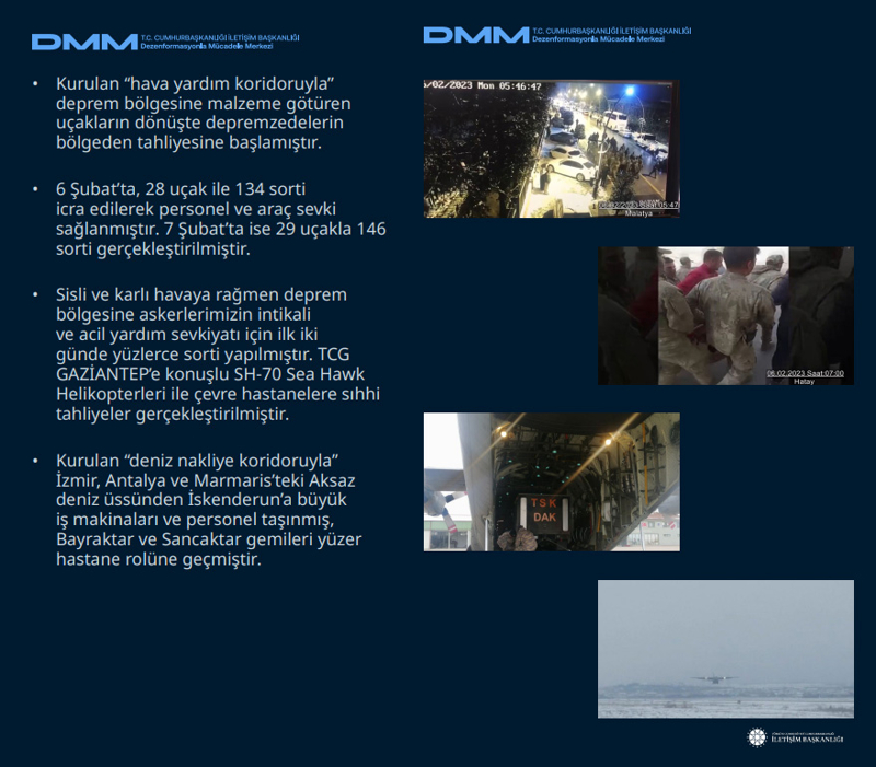 <p>* Kurulan 'hava yardım koridoruyla' deprem bölgesine malzeme götüren uçakların dönüşte depremzedelerin bölgeden tahliyesine başlamıştır. <br><br>* 6 Şubat'ta, 28 uçak ile 134 sorti icra edilerek personel ve araç sevki sağlanmıştır. 7 Şubat'ta ise 29 uçakla 146 sorti gerçekleştirilmiştir. <br><br>* Sisli ve karlı havaya rağmen deprem bölgesine askerlerimizin intikali ve acil yardım sevkiyatı için ilk iki günde yüzlerce sorti yapılmıştır. TCG GAZİANTEP'e konuşlu SH-70 Sea Hawk Helikopterleri ile çevre hastanelere sıhhi tahliyeler gerçekleştirilmiştir. <br><br>* Kurulan 'deniz nakliye koridoruyla' İzmir, Antalya ve Marmaris'teki Aksaz deniz üssünden İskenderun'a büyük iş makinaları ve personel taşınmış, Bayraktar ve Sancaktar gemileri yüzer hastane rolüne geçmiştir.</p>