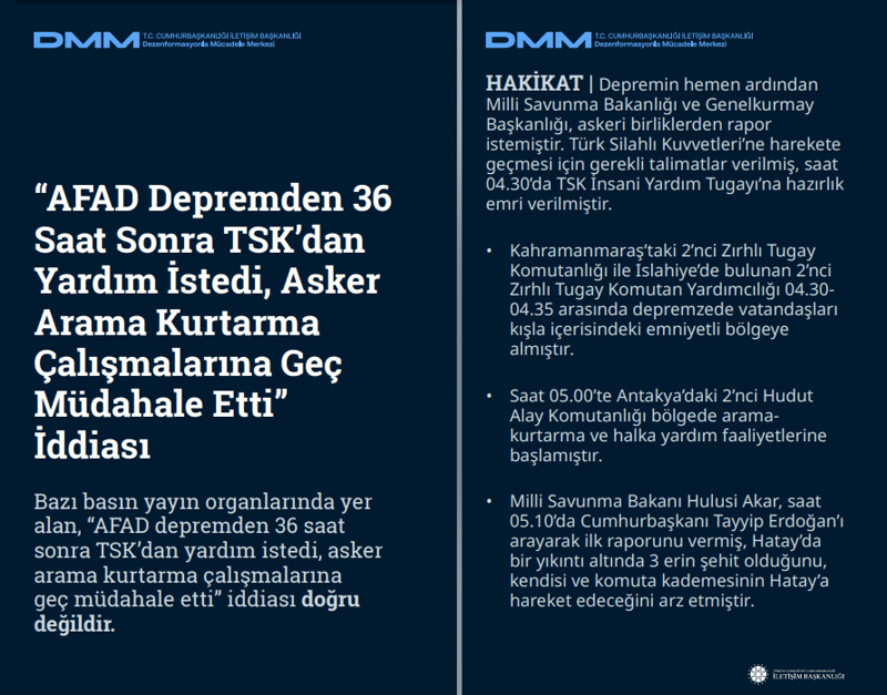 <p><b>'AFAD Depremden 36 Saat Sonra TSK'dan Yardım İstedi, Asker Arama Kurtarma Çalışmalarına Geç Müdahale Etti' İddiası <br></b><br>Bazı basın yayın organlarında yer alan, 'AFAD depremden 36 saat sonra TSK'dan yardım istedi, asker arama kurtarma çalışmalarına geç müdahale etti' iddiası doğru değildir.</p><p><br><b>HAKİKAT</b> | Depremin hemen ardından Milli Savunma Bakanlığı ve Genelkurmay Başkanlığı, askeri birliklerden rapor istemiştir. Türk Silahlı Kuvvetleri'ne harekete geçmesi için gerekli talimatlar verilmiş, saat 04.30'da TSK İnsani Yardım Tugayı'na hazırlık emri verilmiştir. <br><br>* Kahramanmaraş'taki 2'nci Zırhlı Tugay Komutanlığı ile Islahiye'de bulunan 2'nci Zırhlı Tugay Komutan Yardımcılığı 04.30- 04.35 arasında depremzede vatandaşları kışla içerisindeki emniyetli bölgeye almıştır. <br><br>* Saat 05.00'te Antakya'daki 2'nci Hudut Alay Komutanlığı bölgede aramakurtarma ve halka yardım faaliyetlerine başlamıştır. <br><br>* Milli Savunma Bakanı Hulusi Akar, saat 05.10'da Cumhurbaşkanı Tayyip Erdoğan'ı arayarak ilk raporunu vermiş, Hatay'da bir yıkıntı altında 3 erin şehit olduğunu, kendisi ve komuta kademesinin Hatay'a hareket edeceğini arz etmiştir.<br></p>