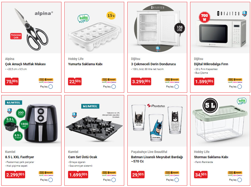 <p>Okyanus Home Metal Derin Bulaşıklık 89 TL, Dekoratif Kaşık Seti 6'lı Takım 11,50 TL, Kepçe – Kaşık Altlığı 11,50 TL, Naturalove Bambu Havan 89 TL, Okyanus Home Tek Fiyat Mutfak Gereçleri 17,50 TL, Clean Clear Mutfak Fırçası 44,50 TL, olarak satışa sunuluyor.</p>