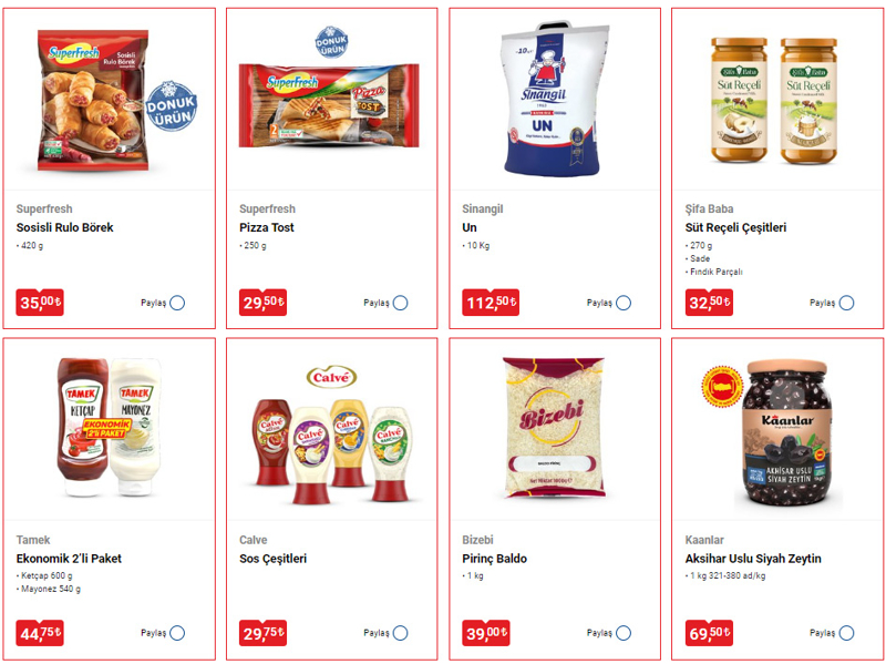 <p>Performans 96 gr Fndk ve Fstk Dolgulu Hurma Topu 19,50 TL, Biscolata Mood Macchiato 125 gr Krema Dolgulu Biskvi 19,50 TL, Patiswiss 36 gr Domatesli & Kekikli Ay ekirdekli Granola Toplar 11 TL, Ferrero Rocher 37,5 gr Btn Fndkl ve Krema Dolgulu Gofret 18,50 TL, Milka Nussini 270 gr Fndk Parackl ve Fndk Ezme Dolgulu ikolata 59,50 TL olarak yer alacak.</p>