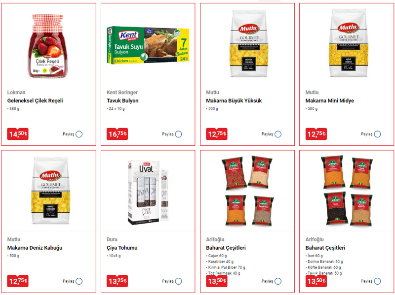 <p>BM katalounun indirim reyonlarnda; Nescafe Gold 250 gr Filtre Kahve 79,50 TL, Superfresh 420 gr Sosisli Rulo Brek 35 TL, Hanm Sultan 200 gr Trk Kahvesi 37,50 TL, Sarelle 700 gr Kakaolu Fndk Kremas 79 TL, Mutlu 500 gr Makarna Mini Midye 12,75 TL, Master Potato 160 gr Patates Cipsi 39,50 TL, Dost 1 Litre ikolatal Pastrize St 27,50 TL,</p>