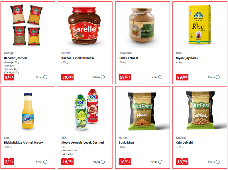 <p>ifa Baba 270 gr St Reeli eitleri 32,50 TL, Biscolata 637,5 gr Biskvi Starz Mocha 25 TL, Kent Boringer 2410 gr Tavuk Bulyon 16,75 TL, Mutlu 500 gr Makarna Byk Yksk 12,75 TL, Coffee Mate 400 gr Kahve Beyazlatc 69,50 TL, Mutlu 500 gr Makarna Deniz Kabuu 12,75 TL, Fairy 6650 ml Sv Bulak Deterjan 189,50 TL, Lovemade Betamark 108 gr Makaron 59,75 TL'den sata sunulacak.</p>