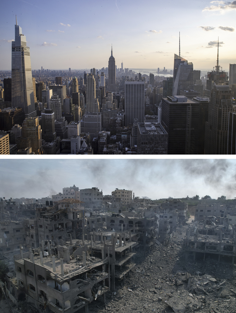 <p>ABD'nin New York kenti, 100 metreyi aşan yükseklikteki ve özellikle Manhattan bölgesinde yoğunlaşan 1300'den fazla yapısıyla, dünyanın en çok gökdelenine sahip şehirleri arasında yer alıyor (üstte). <br><br>İsrail savaş uçaklarının başlattığı yoğun bombardıman sonucu Gazze Şeridi'ndeki Cibalya beldesinde bir çok bina moloz yığını haline geldi (altta).</p>