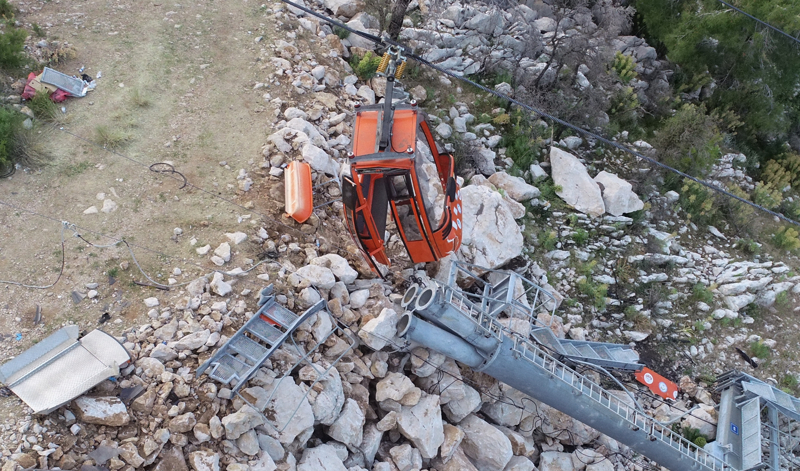 <p>Teleferik sistemindeki direklerden birinin devrilmesinin yol açtığı kaza bölgesi havadan görüntülendi.</p>