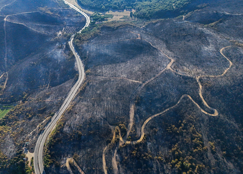 <p>Dron ile çekilen görüntülerde, Selçuk-Kuşadası yolu çevresinde zarar gören ormanlık alan ve ekiplerin devam eden çalışmaları yer aldı.</p>