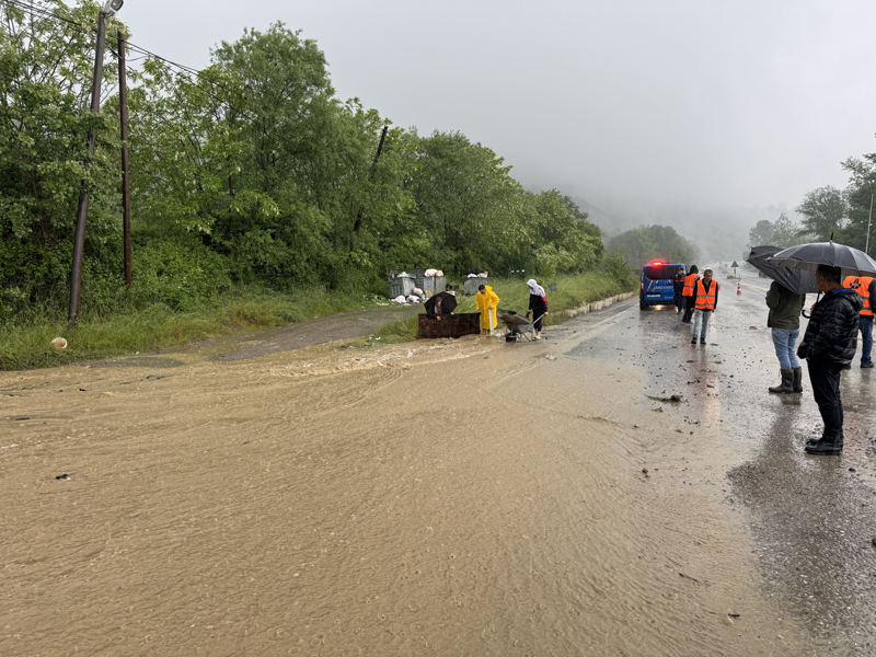 <p>Kara yolunda trafik kontroll� sa�lan�rken, k�ylerdeki baz� evler ile tar�m arazilerini de su bast�.</p>