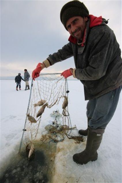 iddetli souklar nedeniyle ksmen buz tutan Beyehir Gl'nee tekneyle alamayan balklar, 'Eskimo usul' balk avlyor.   