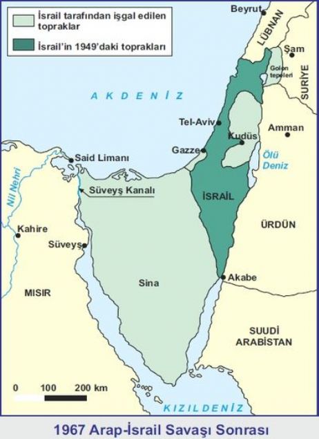  6 g�n sava�lar�n�n sonucunda �srail �rd�n,Suriye ve M�s�r topraklar�n�n bir k�sm�n� i�gal ederek s�n�rlar�n� 4 kat geni�letti. �srail bu topraklar� Birle�mi� Milletler karalar�na ra�men elinde tutmaya devam ediyor. Sava��n en �nemli sonu�lar�ndan biri de Kud�s��n i�gali oldu. Kud�s hi�bir devlet taraf�ndan kabul edilmese de �srail�in ba�kenti ilan edildi.    