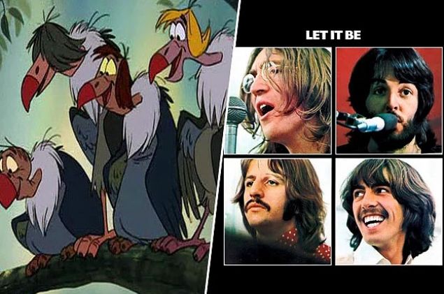 Akbabalar, Orman ocuk  Orman ocuk <br><br>(1967)'taki drt akbabann, efsanevi ngiliz mzik grubu The Beatles'n yelerine birebir benzetilerek filmde onlara ait bir ark sylemesi planlanmtr. Fakat grup yelerinden John Lennon, teklifi duyar duymaz ark projesini reddedince, The Beatles'tan vazgeilmi ve akbabalar grubun yerine bir caz drtls oluturmutur.     