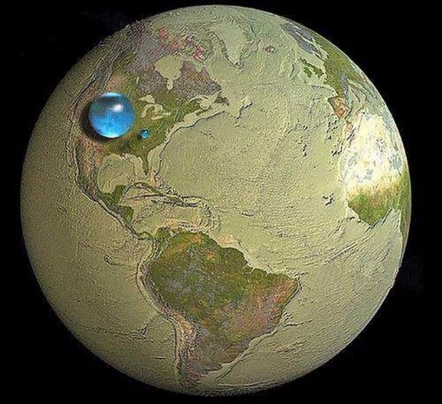 E�er D�nya'daki t�m sular bir k�re olacak �ekilde bir araya toplansa, bu k�renin �ap� 1384 kilometre civar�nda olacakt�r. Bu, Sat�rn'�n uydusu Tetis kadar b�y�kt�r. Foto�rafta b�y�k mavi k�re D�nya'daki tuzlu sular�, k���k k�re ise tatl� sular�n toplam�n� g�stermektedir. Bunlar�n b�y�kl��� D�nya'ya k�yaslanmaktad�r.     