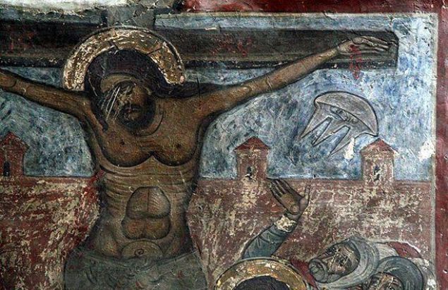                  Eski fresklerin zerindeki uaklar - Grcistan'daki Sveti-Tskhoveli Katedrali'ndeki bir grnt    