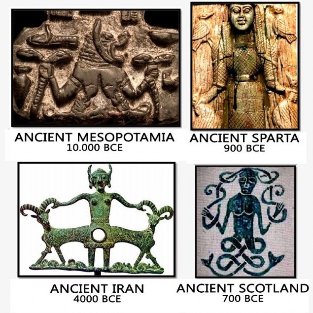 Her iki kol da zt ynlerde (sada ve solda) uzanan tek bir tanr ya da tanra, her elinde simetrik olarak 'ikiz nesneler' tutar.        