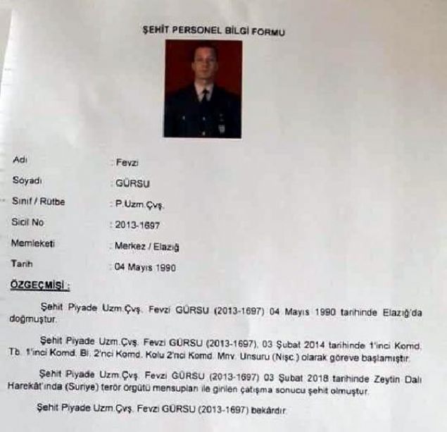 Elaz��l� Piyade Uzman �avu� Fevzi G�rsu (28) ��kan �at��mada �ehit oldu. �ehidin ailesine ac� haber verildi.    