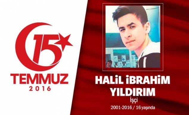 15 yandaki Halil brahim Yldrm, 15 Temmuz darbe giriimin en gen ehidi oldu. Halil brahim Yldrm, anlurfal 5 ocuklu bir ailenin oluydu. 15 Temmuz gecesi Cumhurbakan Erdoan'n ars zerine babasyla birlikte direni iin sokaa kt. Hain darbecilerin kurunlarndan birinin bana isabet etmesi sonucu hastaneye kaldrld ama kurtarlamayarak ehit dt. Kardei, 'Aabeyim milleti, vatan iin sokaklara kt. Darbecilerle savat. Aabeyimle gurur duyuyorum.' dedi. ehit Halil brahim Yldrm'n cenazesi, Bayrampaa Muradiye Camisi'nde klnan namazla sonras yolculuuna uurland. 15 yandaki demokrasi ehidinin organlar baka insanlara hayat versin diye aile tarafndan baland.               