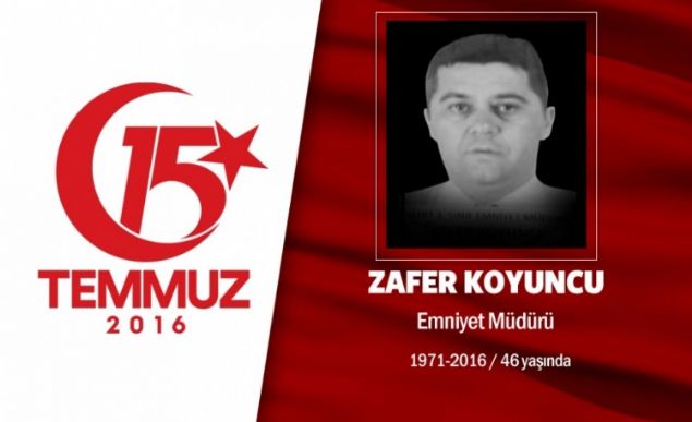 45 yandaki Zafer Koyuncu zel harekat polisiydi. Bilecik Pazaryeri ilesi doumlu Zafer Koyuncu, 2. snf emniyet mdr ve zel Harekat Daire Bakan Yardmcsyd. 15 Temmuz gecesi hain darbecilerin ilk saldrd yer olan Ankara Glba zel Harekat Daire Bakanl'nda grev bandayd Hain darbecilerin sava uaklaryla yapt saldrda ehit dt. ehidin Ei Akn Koyuncu da polisti ve darbe giriimi gecesi Dikmen Hizmet Binas'n korumakla grevlendirilmiti. Einin ehadet haberini ald ama sabaha kadar grev yerinden ayrlamad. ehit Zafer Koyuncu arkasnda 16 yandaki kz Aleyna ve 5 yandaki olu Yaz' brakt.       