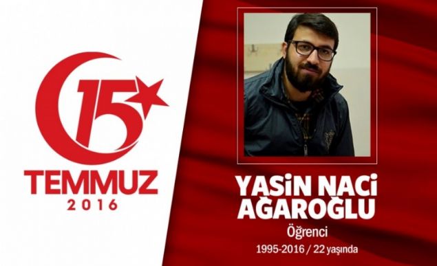 22 yandaki Yasin Naci Aarolu, Ankara Hukuk Fakltesi son snf rencisiydi. Darbe giriimini duyunca, sokaa kt. Uaklara, hava bombardmanna, tanklara, hain saldrya kar Meclisi, Genelkurmay, Trkiyeyi korumaya kotu. Genelkurmay Kavanda helikopterden alan ate sonucu ehit dt. retmen bir anne ile babann olu ehit Yasin Naci Aarolu iin Antalyann Korkuteli ilesinde dzenlenen trene yaklak 50 bin kii katld. 22 yandaki oullarnn Ankara Hukuk Fakltesinden mezuniyet diplomasn alan Zehra ve Osman Aarolu ifti, gzyalarn tutamad.      