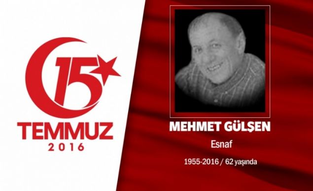 61 yandaki Mehmet Glen, Ankara'da esnaflk yapyordu. Evli ve iki ocuk babasyd. Genlere, 'Siz imdilik gelmeyin, biz ehit olmaya gidiyoruz' diyerek kar kt. 15 Temmuz gecesi Cumhurbakan Erdoan'n arsyla kardei ve enitesiyle birlikte sokaa kt. Gece boyunca Cumhurbakanl Klliyesi'ni hain darbecilerden korudu. Sabah saatlerinde hain darbecilerin ele geirdii sava uandan atlan bomba sonucu kardei ve enitesiyle ehit oldu. 3 demokrasi kahraman birlikte, Ankara Kzlcahamam'da son yolculuuna uurland.              