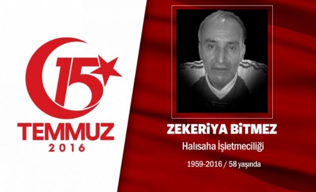 1958 doumlu Zekeriya Bitmez, emekliydi. Evli, iki olu ve bir kz vard. 15 Temmuz gecesi, Cumhurbakan Erdoan'n ars sonras sokaa kt. Cumhurbakan Erdoan'n uann inecei o dakikalarda darbecilerin igali altnda olan Atatrk Havaliman'na gitti. O srada kendisine telefon eden oluna, Atatrk Havaliman'ndaym, vatanm iin onlarn zerine yryorum, Sen de sokaklara k gerekirse ehit d dedi. O telefondan birka dakika sonra, darbeci hainlerin saldrsna urad, kendisi ehadet erbetini iti. Zekeriya Bitmez, memleketi Malatya'da son yolculuuna uurland.       