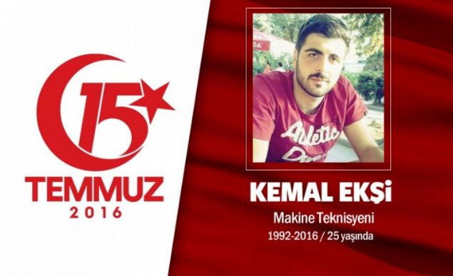 1 ay nce askerden gelmiti, darbecilerin silahndan kan kurunla ehit dt. 23 yandaki Kemal Eki, memleketi Rize'nin kizdere ilesinin internet sayfasnn sosyal medya yneticiliini yapyordu. 15 Temmuz gecesi Boazii Kprs'n kapatan darbecilere kar direnie geen grubun ierisindeydi. Hain darbecilerin kurunuyla ehit oldu. Babas olunun direni iin annesini dinlemeyerek eve dnmediini syledi, 'Siper alarak at yapmlar, bilinli at yapmlar.' dedi. ehit Kemal Eki Ataehir Kayda Mahallesi'nde bulunan mam Hseyin Cami'nde klnan cenaze namaz sonras Karacaahmet mezarlna defnedildi.                   