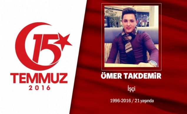 20 yandaki mer Takdemir, askere gitmeye hazrlanyordu, ehit dt. mer Takdemir, Kazan destannda ehit oldu. 15 Temmuz gecesi hain darbecilerin merkezi Aknc Ana Jet s Komutanl'yd. sten kalkan uaklar engellemek isteyen yaklak 8 bin Kazanl, karargahn nne gitti. Kalabaln arasnda bulunan mer Takdemir, Yakuphasan Mahallesi'nde tankn altnda kald, ehit dt. Gen ehit mer Takdemir, , Ankara Kazan'da, ileye 26 kilometre mesafede bulunan Yakuphasan Mahallesi'nde gzyalar iinde son yolculuuna uurland. ehidin ad, Ankara-ubuk ehit mer Takdemir Proje Anadolu mam Hatip Lisesi'nde yaayacak.             