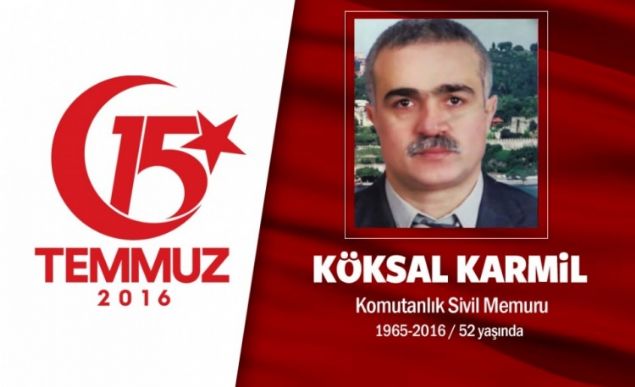 Trabzonlu Kksal Karmil, 50 yandayd. stanbul'daki 1. Ordu Komutanlnda memurluk grevini srdryordu. Kksal Karmil, 15 Temmuz gecesi evinde istirahat ediyordu. Televizyon kanallarnda Boazii Kprs'nn hainler tarafndan kapatldn ve halkn hedef alndn renince oraya kotu. Yarallar tamak iin seferber olan Karmil, Boazii Kprs'nde hainlerin silahndan kan kurunla ehit oldu. 5 ocuk babas Karmil'in ei, 'Bana, 'Bu makam karamam vatanm iin gitmem gerekiyor' dedi ve gitti' diye konutu. Kksal Karmil, ikindi namazn mteakip mraniye Meyveli Bahe Camiinden son yolculuuna uurland.               